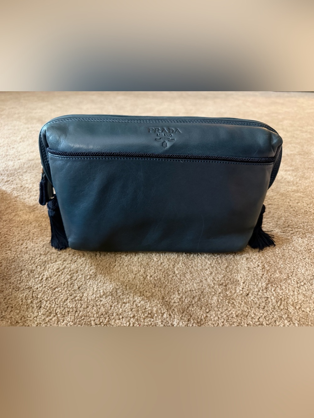 PRADA Navy Blue Lambskin Leather Men's/Unisex Toiletry Bag/Pouch - Quiet Luxury!